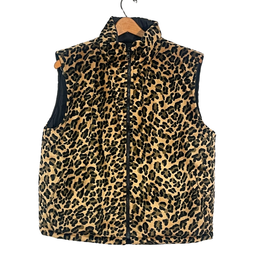 Carolina Colours Sz M Reversible Puffy Zip-Up Vest Black PU & Faux Fur Leopard